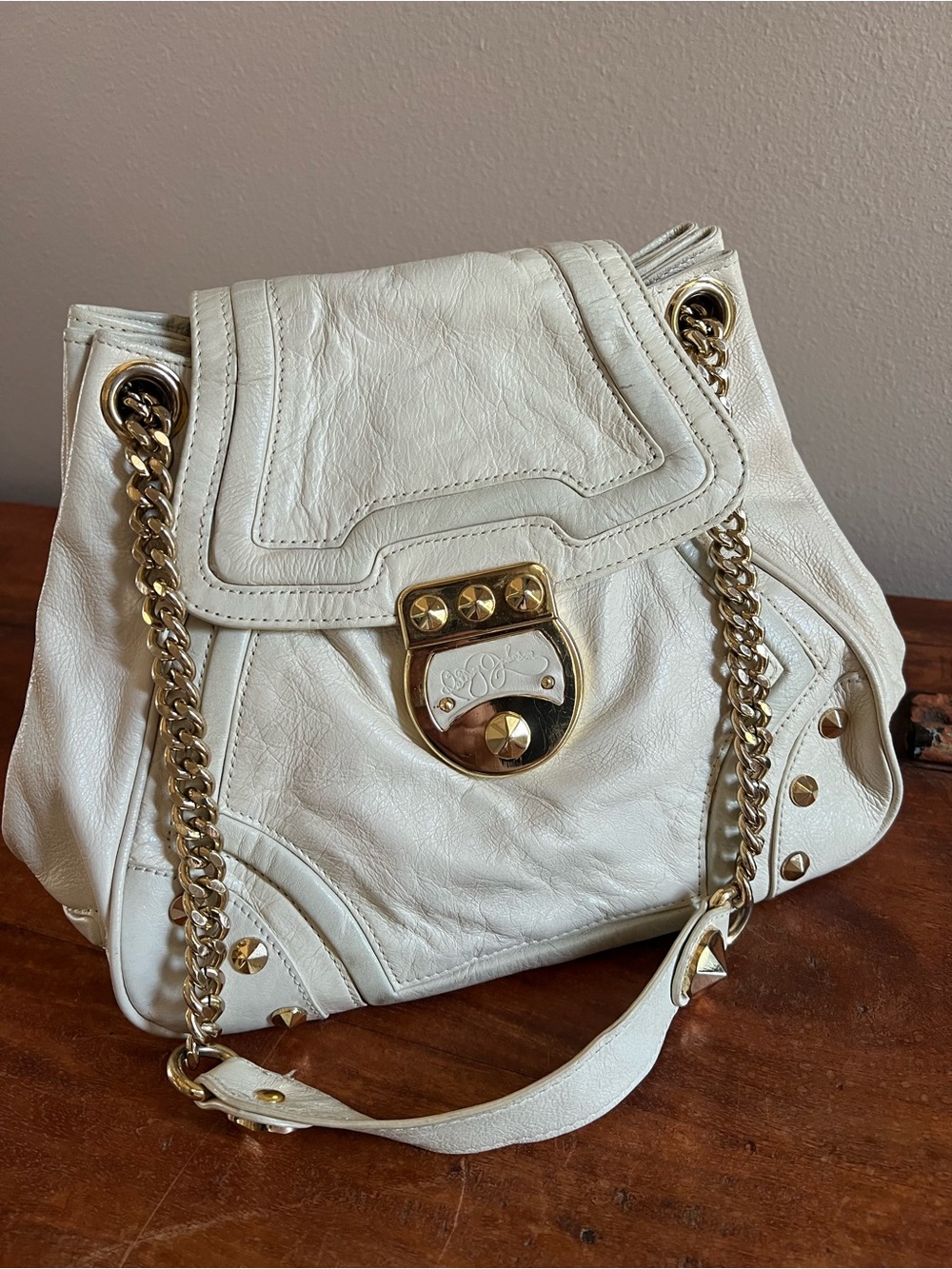 Vintage Betsey Johnson Y2K Full Grain Cow Leather Cream White Bag Gold Studs